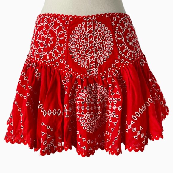 Charo Ruiz Marli Embroidered Mini Skirt L Red Nelum Eyelet Boho Resort - Picture 12 of 12